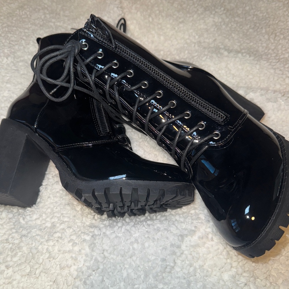 Fashion Nova Glossy Black Heeled Boots - Picture 2 of 5